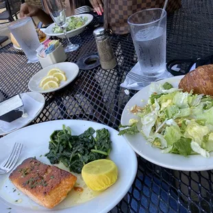 Grilled salmon, house salad, spinach.