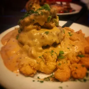 Eggplant Napoleon with Fried Shrimp and Crawfish Cream