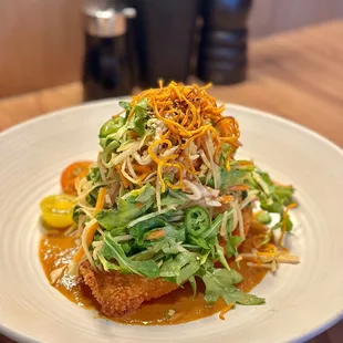 KATSU CHICKEN SALAD* | 24 crispy chicken breast, julienne vegetables, peanuts, arugula, miso ginger dressing