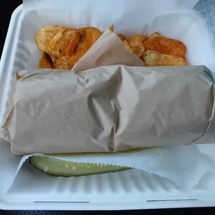 wrapped sandwich w....bbq kettle chips &amp; a pickle spear