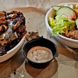 Mushroom Swiss burger no bun with side salad