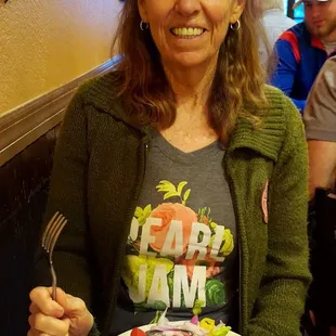 My sister trying to be happy at her birthday dinner.  Haha