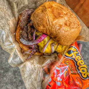 a burger and chips