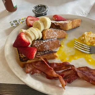 Joeys Plate - French toast, 2 eggs, and bacon