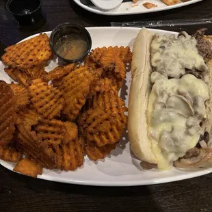 Philly Cheesesteak with Sweet Potato Fries