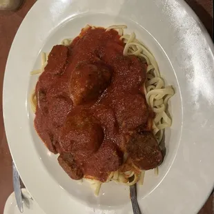 Linguine with marinara sauce, meatballs and sausage.