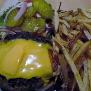 The All American Burger and Fresh-Cut Shoe String Fries.