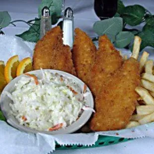 Chicken Tenders. Best Coleslaw you&apos;ll ever eat. Homemade like grandma&apos;s.