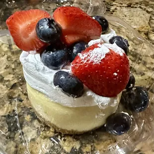 Cheesecake with fresh fruit, not that jelly type topping. Tastes like real whipped cream, not Cool Whip.