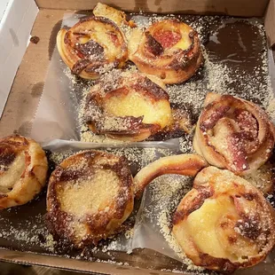 a box of freshly baked pizzas