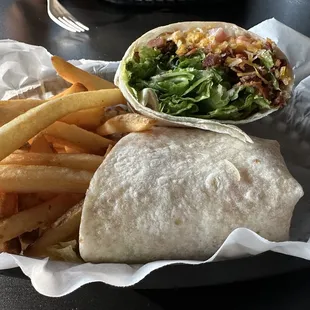 a burrito and french fries