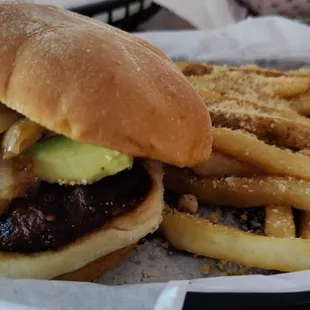 Avocado cajun burger with parmasian fries