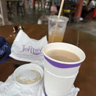 Gingerbread latte and iced mango tea.  The apple fritter was devoured before picture.