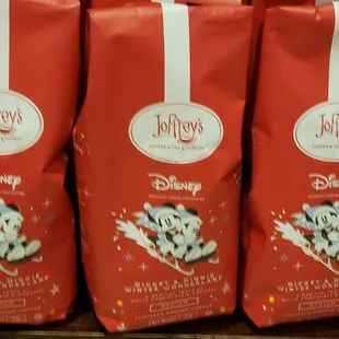 a row of bags of coffee
