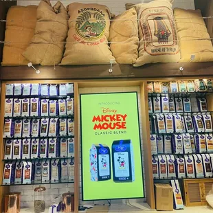 a display of coffee and tea bags
