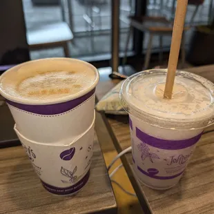 Brown gray latte and lavender frozen lemonade