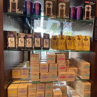 shelves of coffee and pastries