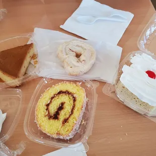 Vanilla flan, cinnamon and sugar cookie, tres leches cake, and (I forgot, sorry, but it is a cake that has coconut flakes and tasted good).