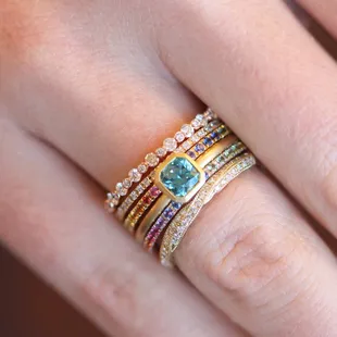 Stackable rings with diamonds and colored gemstones