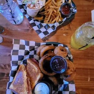 Chicken Ranch Wrap with Chive fries &amp; a Reuben Sandwich with Onion rings.