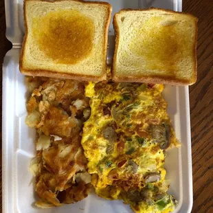 a meal in a styrofoam container