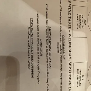 The wine and food menu