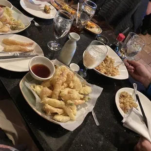 Tempura, fried rice, sushi