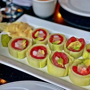 a platter of sushi rolls