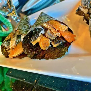 Salmon Skin Hand Rolls.