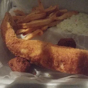 Walleye Dinner with Coleslaw,fries and hushpuppies.