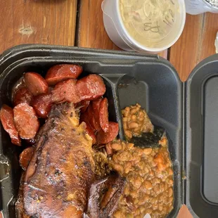 Hot Link, chicken, pulled pork, Cole Slaw, &amp; Baked Beans