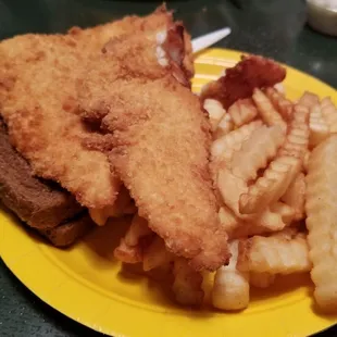 Good portion fish sandwich and crinkle fries