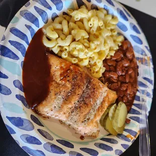 Smoked salmon, mac and cheese and bbq beans