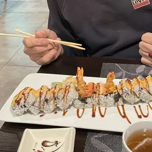 The "Tornado Roll" - tuna -salmon - shrimp tempura-cucumber- avocado &amp; more!