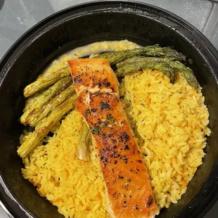 Broiled salmon to go. Pretty ok. Demerits for not including cutlery.