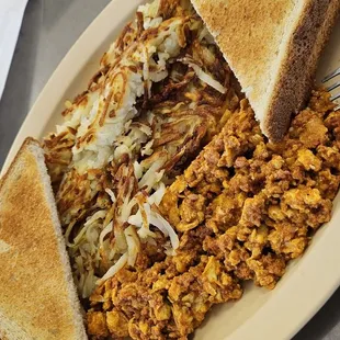 Chorizo plate with hash browns and toast