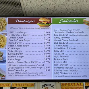 Burgers and Sandwiches menu