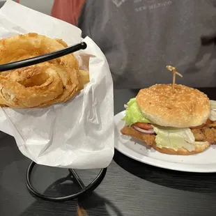 Chicken, fried steak sandwich and large onion rings