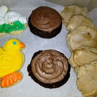 Fluffy bunny and chickie cookies, chocolate frosted chocolate, and pecan nougat cookies