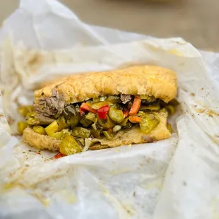 Italian beef extra dipped with extra hot peppers