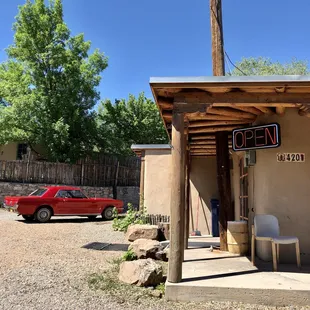 a red car parked outside