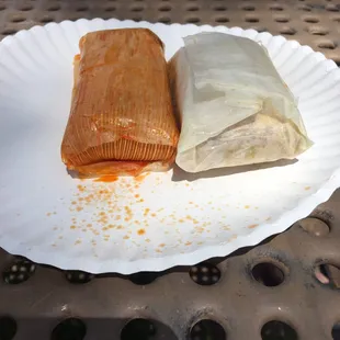 Chicken + pork tamales. $2.50 each. Yum!