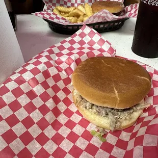 BBQ ham sandwich and cheeseburger and fries