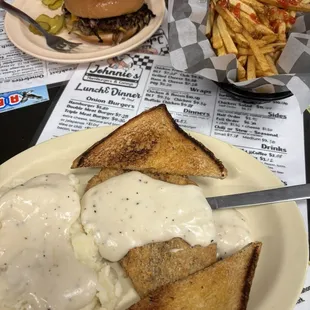 Chicken fried shake, dinner, double cheeseburger with onions and french fries