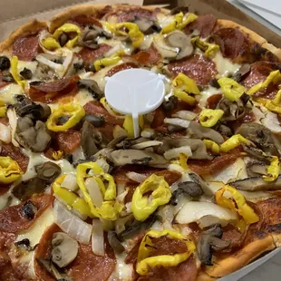 Pepperoni, mushroom, onion and banana peppers