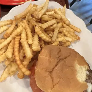 Pizza burger and fries minus one bite