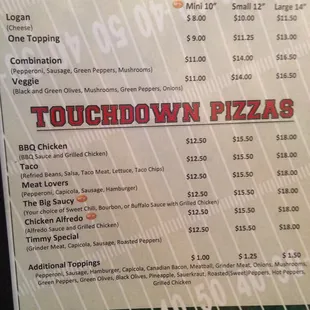 Menu pizza