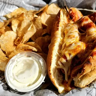 Chicken parmesan sub with chips
