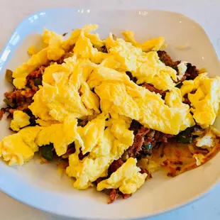 Corned beef hash w scrambled eggs