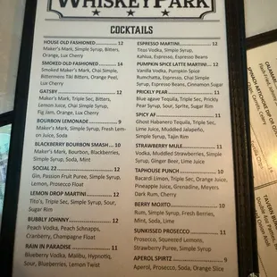 Cocktail menu